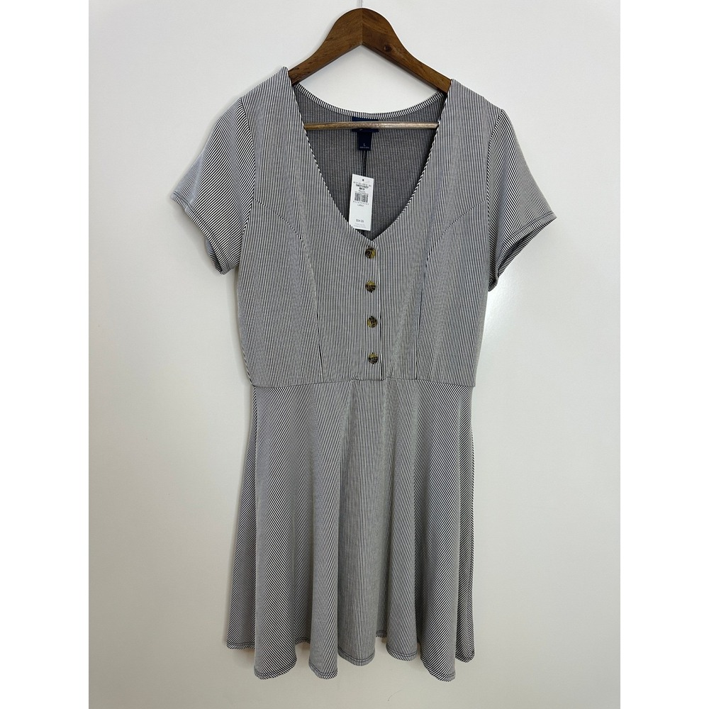 Daytrip Women Striped Short Sleeve V-Neck Button Front Dress 5W3759VZY Black L - Picture 2 of 9